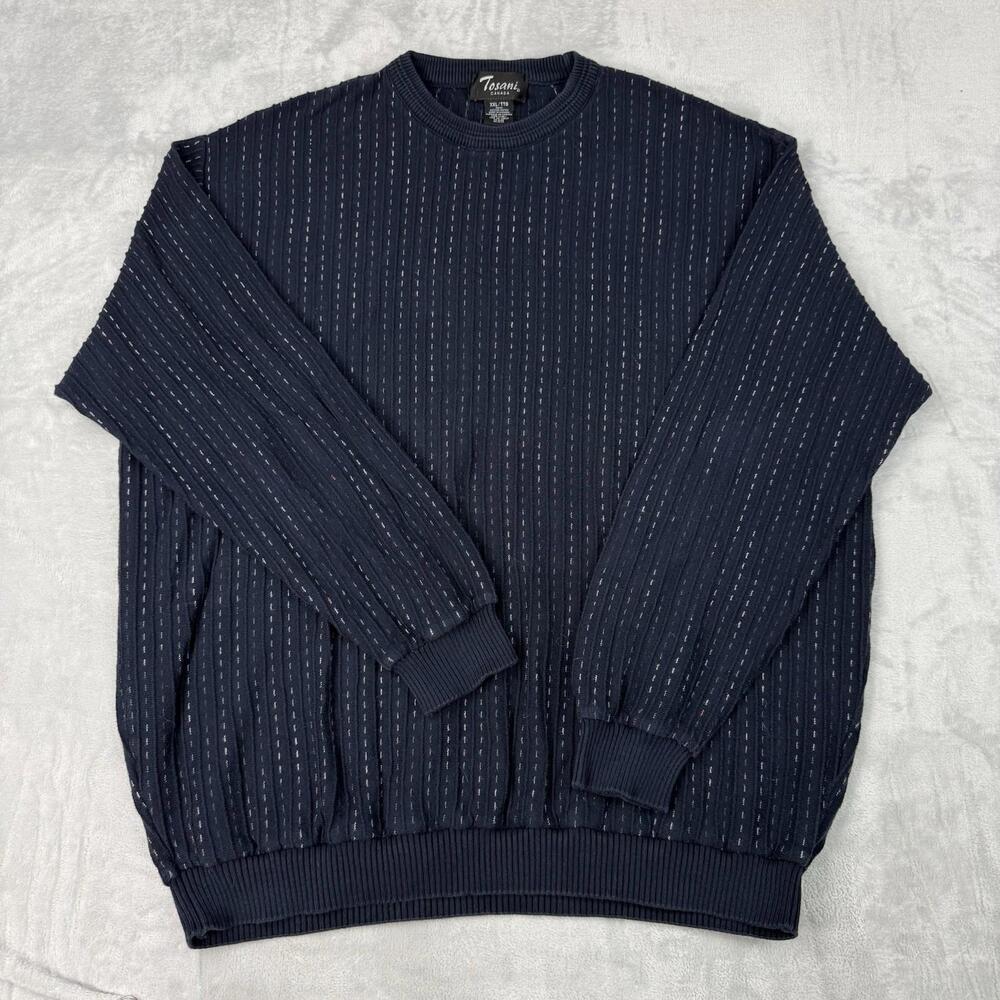 Vintage Tosani Made in Canada Textured Knit Sweater Navy White XXL Coogi Style